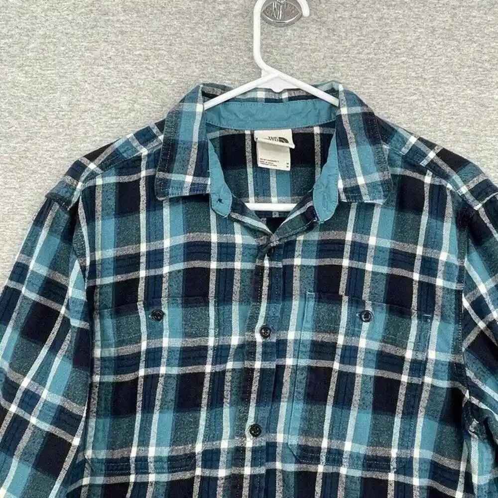 The North Face Shirt Mens Medium Teal Blue Black Plaid Button Up Long Sleeve